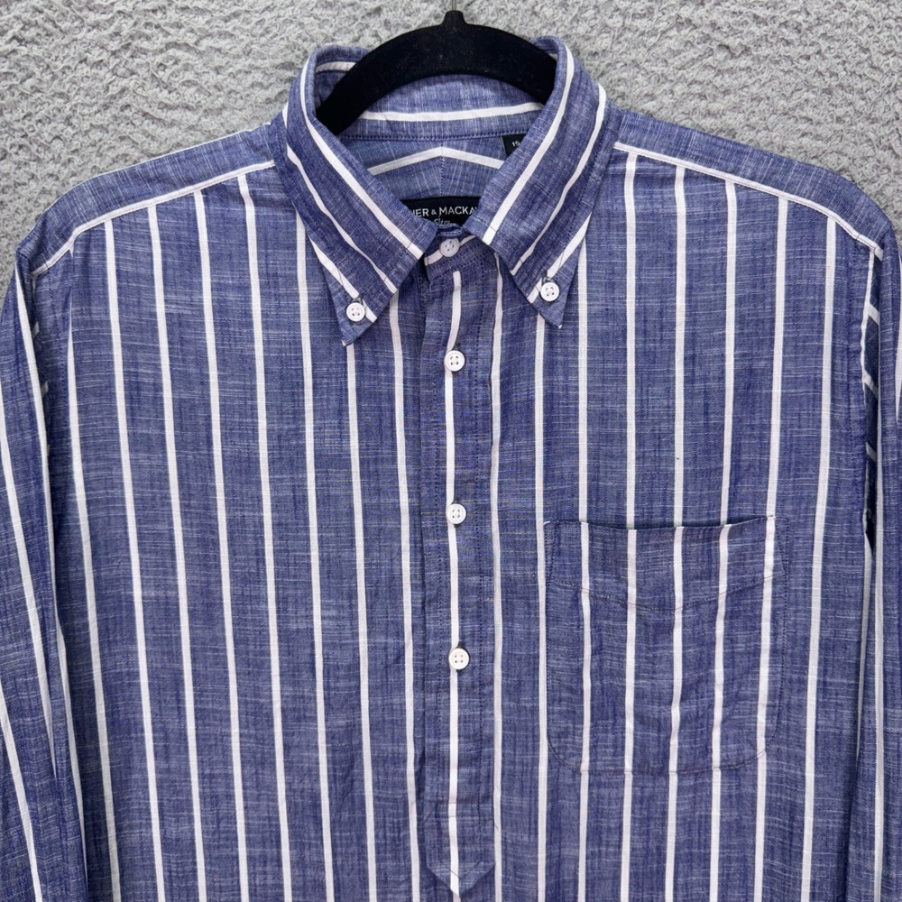 Spier & Mackay Shirt Mens 15 Blue White Striped Cotton Slim Fit Popover Preppy